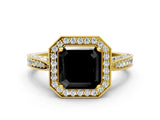 Yellow gold Fancy Black Asscher Cut Halo Diamond Engagement Ring with Split Shank Band and Four-Prong Setting