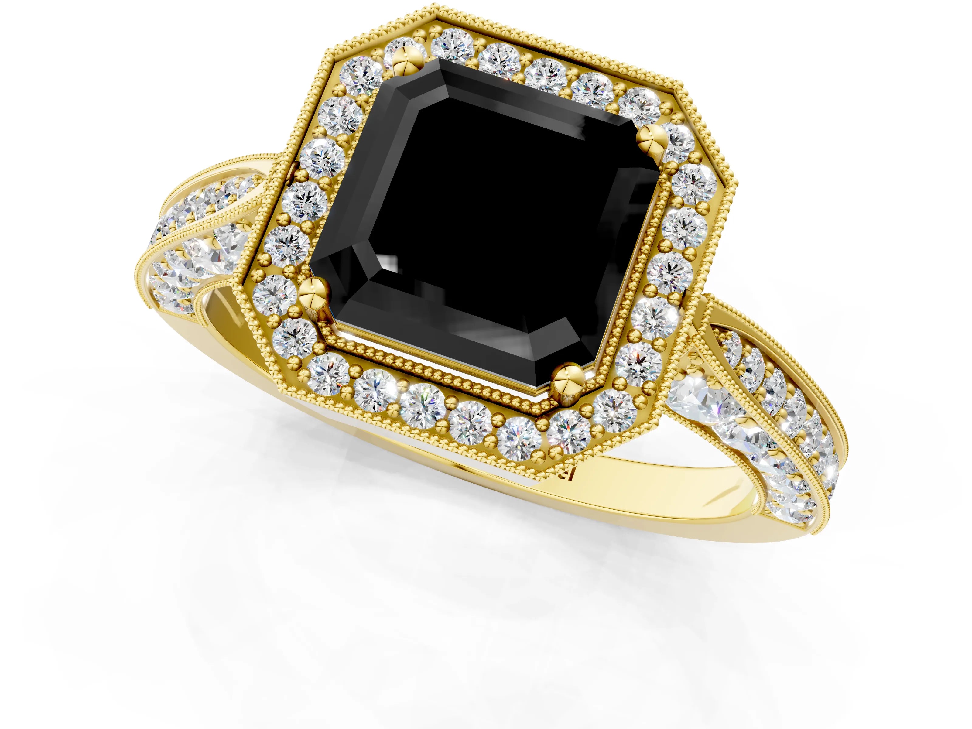 Yellow gold Fancy Black Asscher Cut Halo Diamond Engagement Ring with Split Shank Band and Four-Prong Setting_1