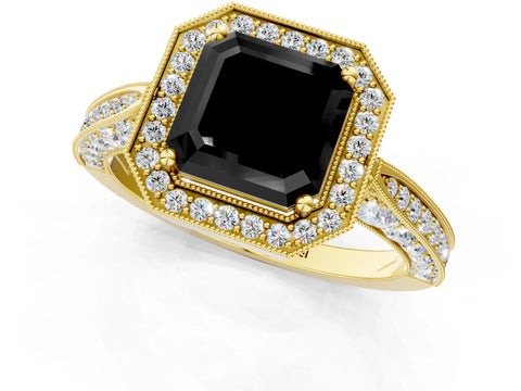 Yellow gold Fancy Black Asscher Cut Halo Diamond Engagement Ring with Split Shank Band and Four-Prong Setting_1