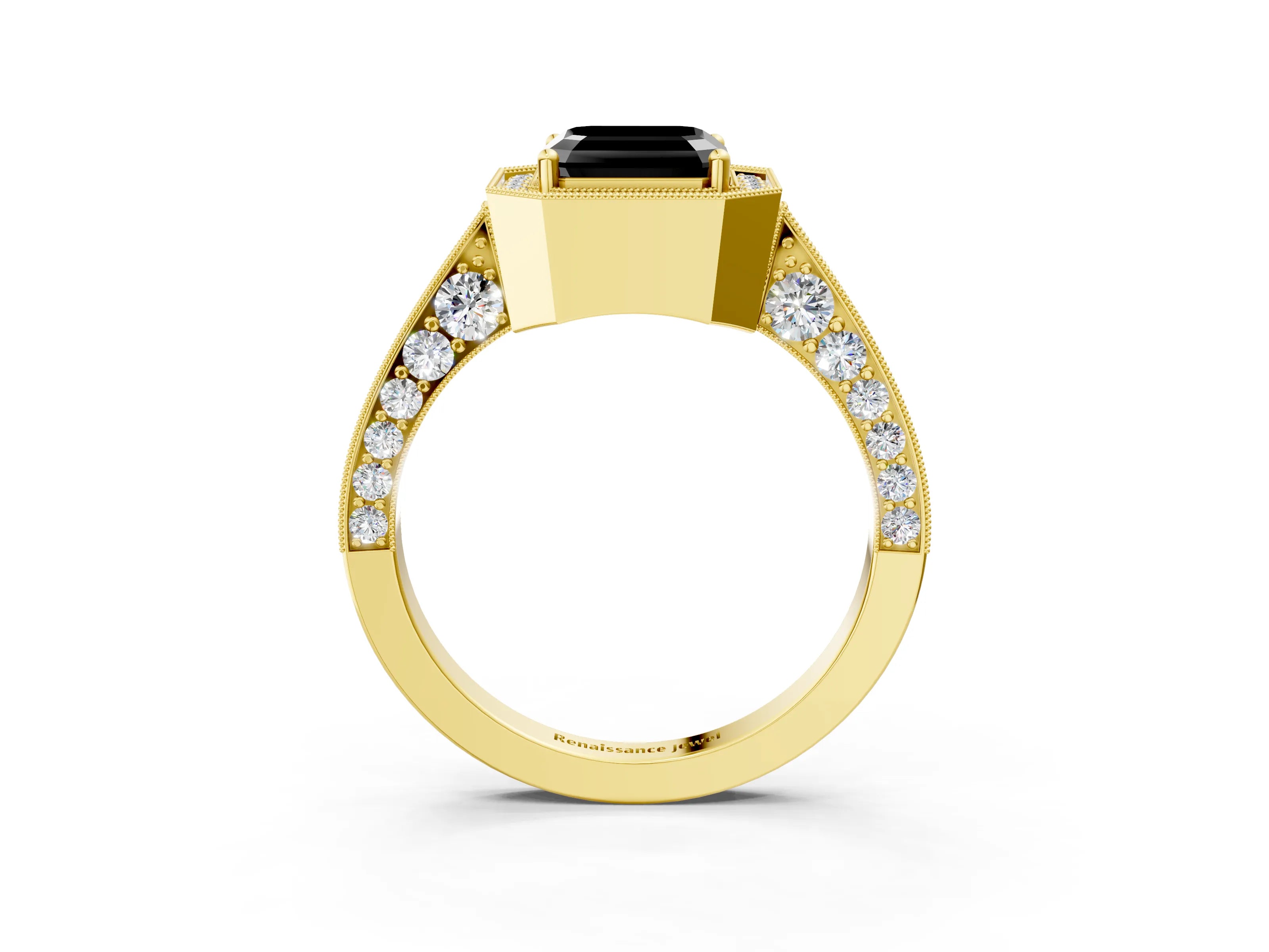 Yellow gold Fancy Black Asscher Cut Halo Diamond Engagement Ring with Split Shank Band and Four-Prong Setting_3