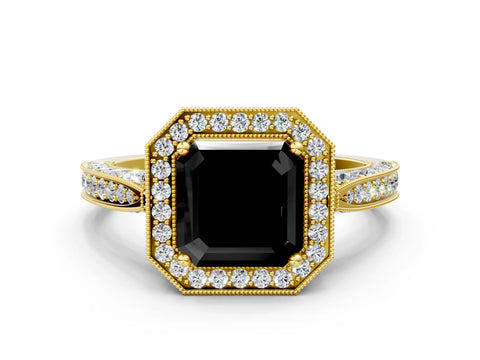 Yellow gold Fancy Black Asscher Cut Halo Diamond Engagement Ring with Split Shank Band and Four-Prong Setting