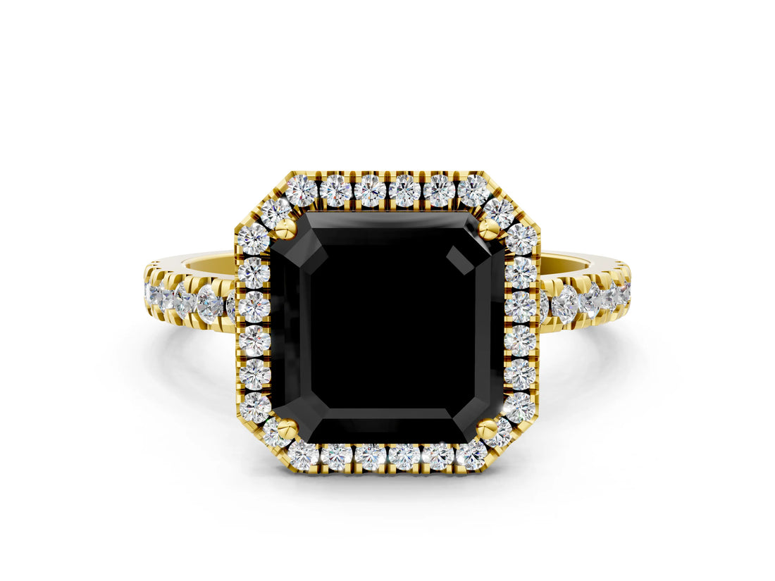 Yellow gold Fancy Black Asscher Cut Halo Diamond Pave Band with Prong Setting