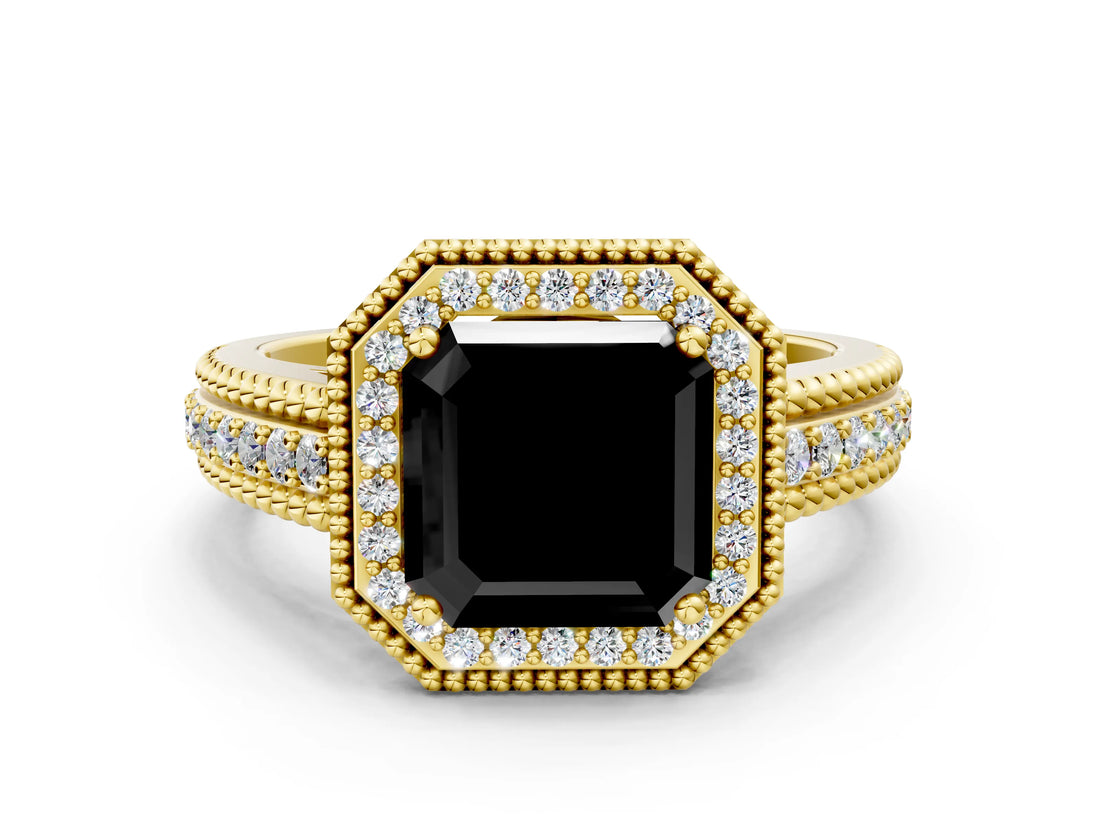Yellow gold Fancy Black Asscher Cut Halo Diamond Ring with Beaded Split Shank and Four-Prong Setting