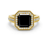 Yellow gold Fancy Black Asscher Cut Halo Diamond Ring with Beaded Split Shank and Four-Prong Setting