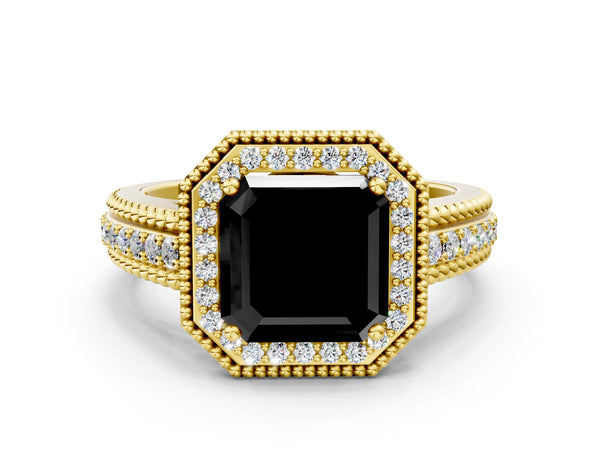 Yellow Gold Asscher Cut Beaded Halo Engagement Ring Setting for Black Center with Pave