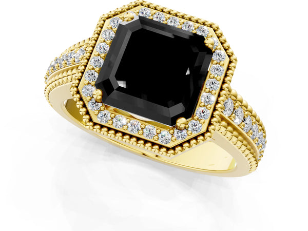 Yellow Gold Asscher Cut Beaded Halo Engagement Ring Setting for Black Center with Pave