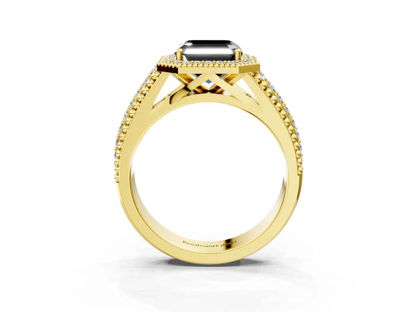 Yellow Gold Asscher Cut Beaded Halo Engagement Ring Setting for Black Center with Pave