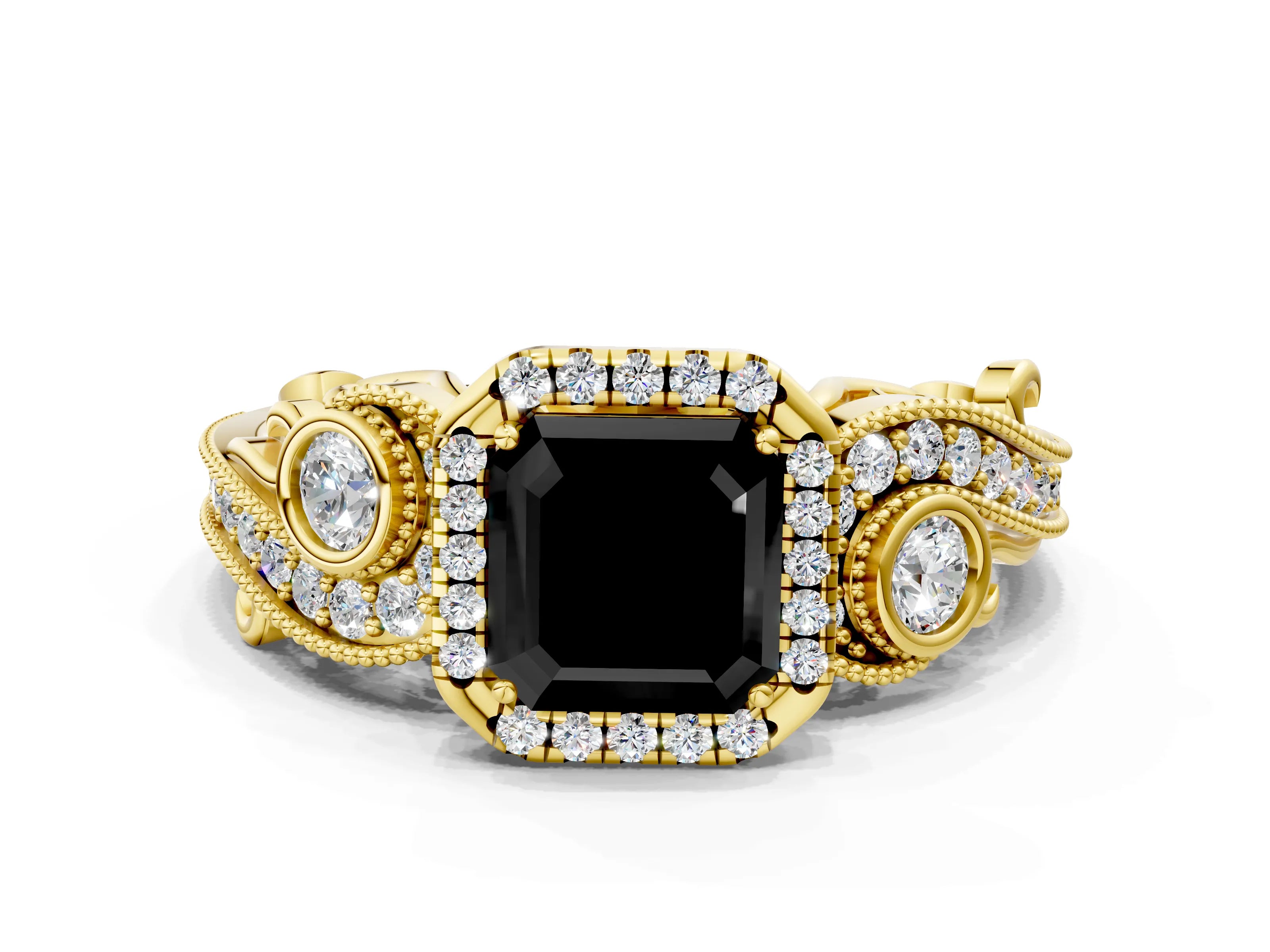 Yellow gold Fancy Black Asscher Cut Halo Diamond Ring with Milgrain and Bezel Accents on a Split Shank Band