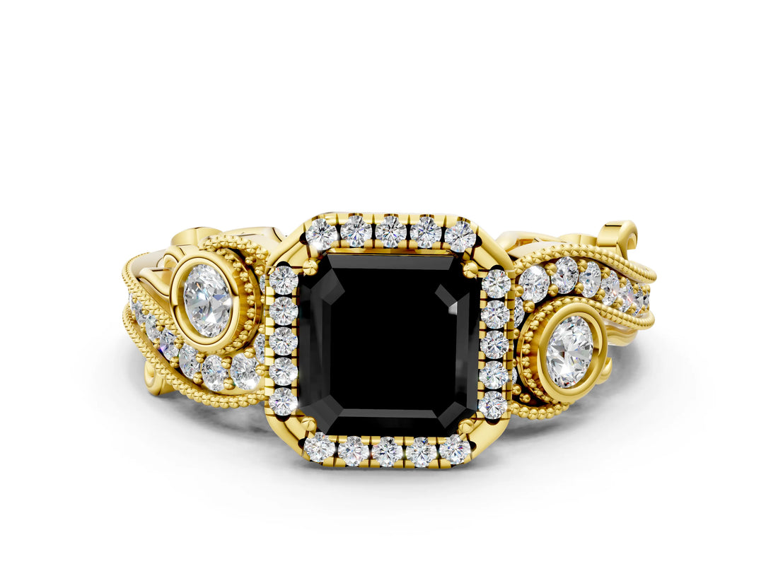 Yellow gold Fancy Black Asscher Cut Halo Diamond Ring with Milgrain and Bezel Accents on a Split Shank Band_13