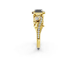 Yellow gold Fancy Black Asscher Cut Halo Diamond Ring with Milgrain and Bezel Accents on a Split Shank Band_15