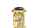 Yellow gold Fancy Black Asscher Cut Halo Diamond Ring with Milgrain and Bezel Accents on a Split Shank Band_18