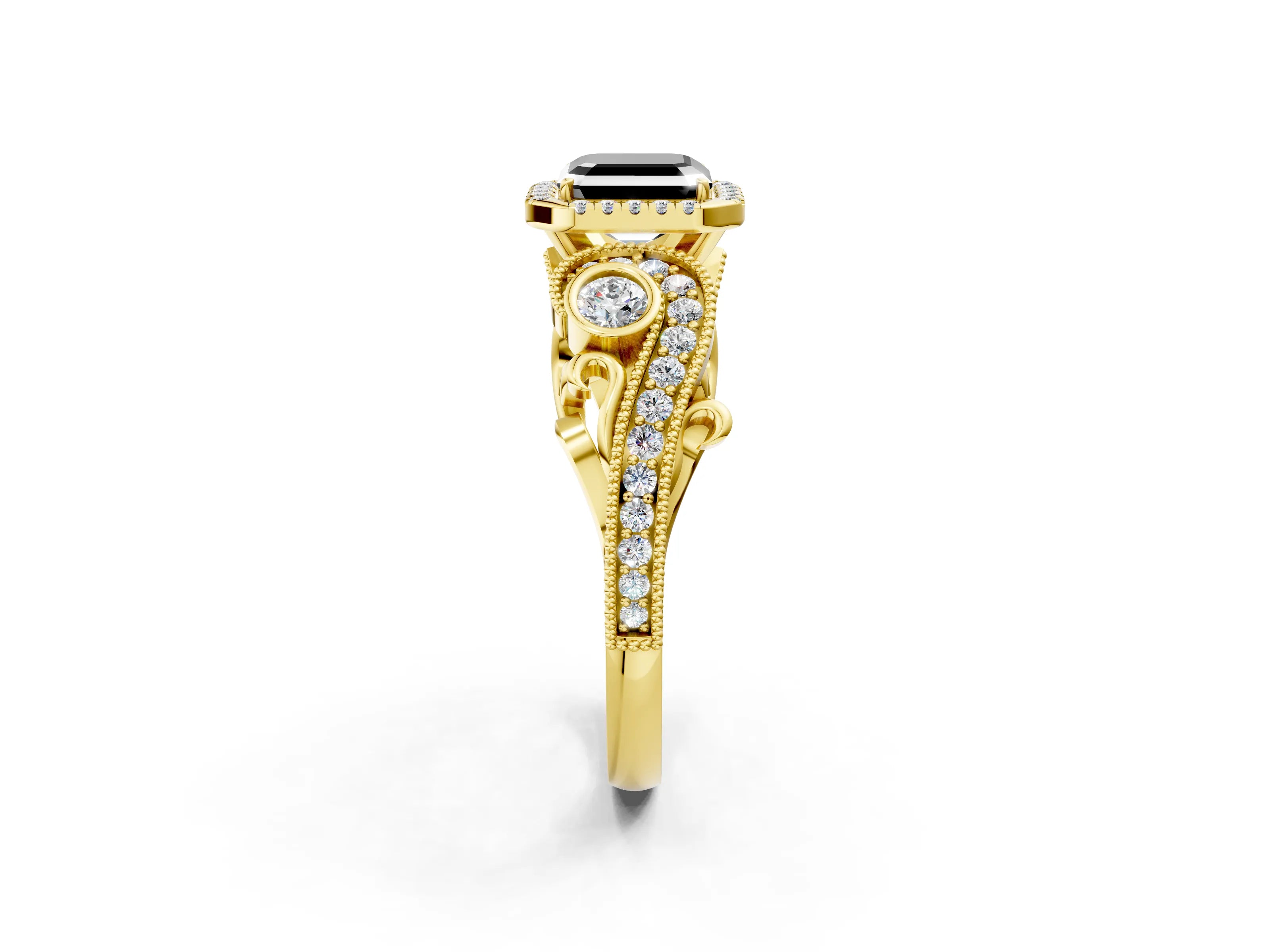 Yellow gold Fancy Black Asscher Cut Halo Diamond Ring with Milgrain and Bezel Accents on a Split Shank Band_2
