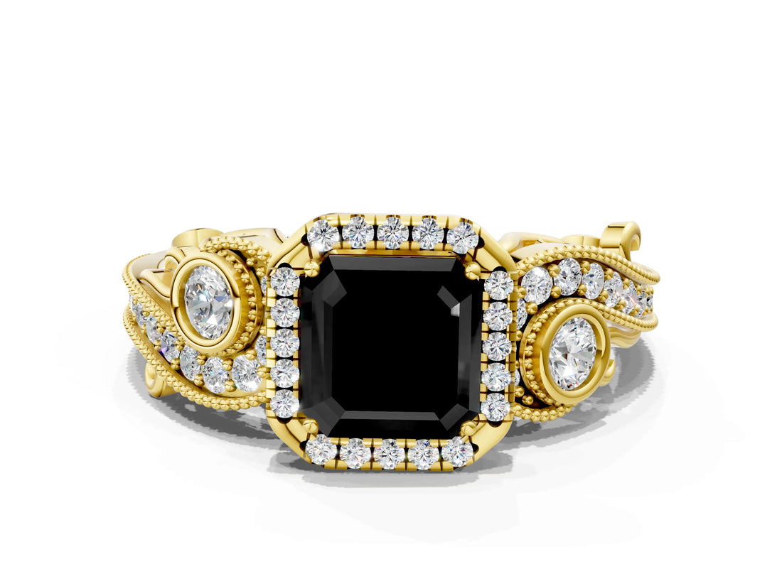 Yellow gold Fancy Black Asscher Cut Halo Diamond Ring with Milgrain and Bezel Accents on a Split Shank Band_24