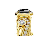 Yellow gold Fancy Black Asscher Cut Halo Diamond Ring with Milgrain and Bezel Accents on a Split Shank Band_29