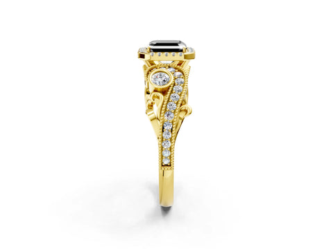 Yellow gold Fancy Black Asscher Cut Halo Diamond Ring with Milgrain and Bezel Accents on a Split Shank Band_2
