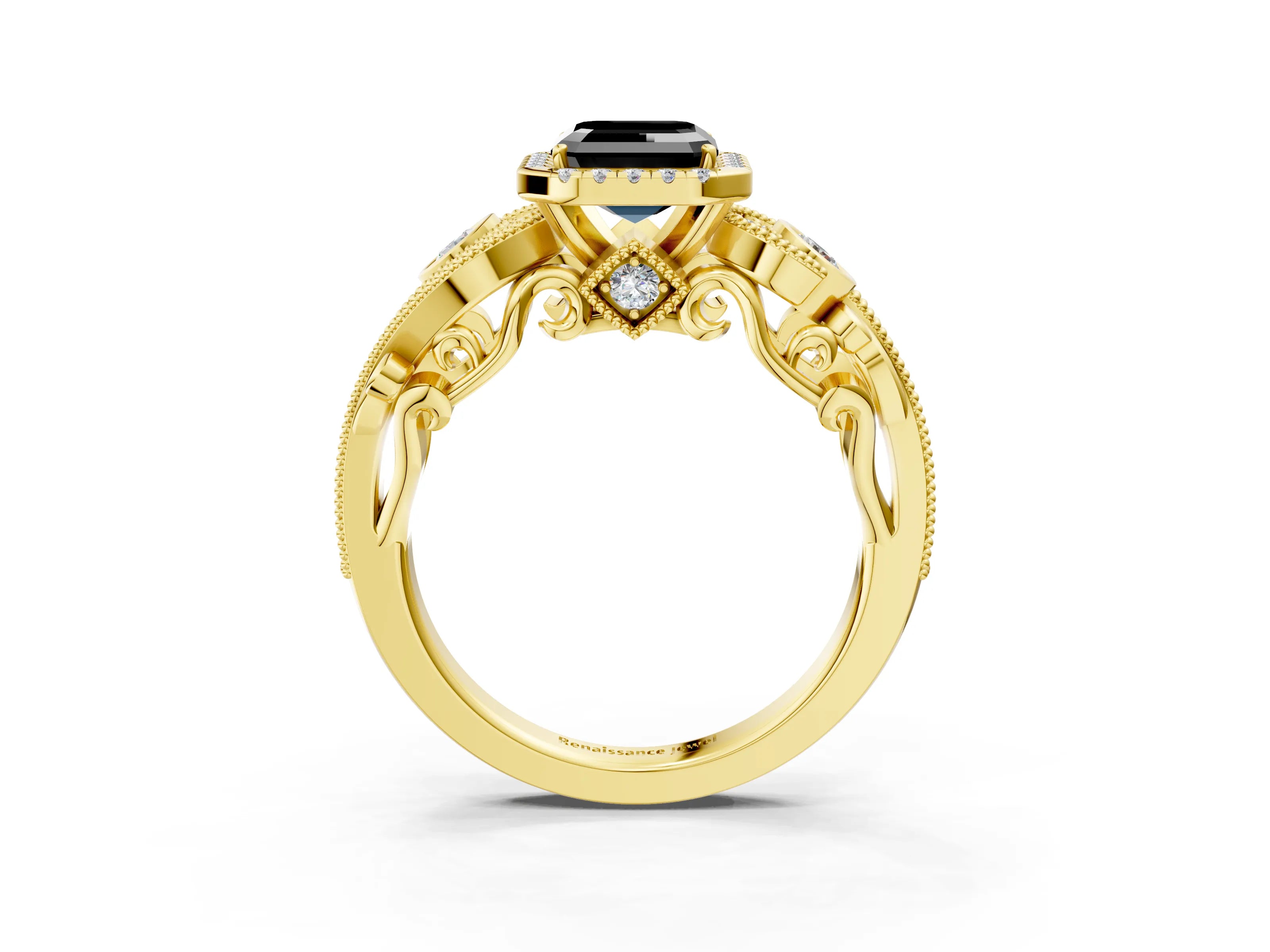 Yellow gold Fancy Black Asscher Cut Halo Diamond Ring with Milgrain and Bezel Accents on a Split Shank Band_3