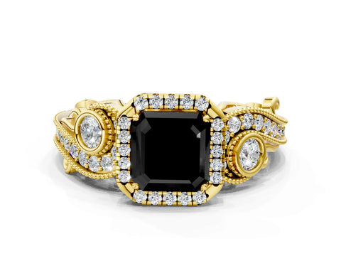 Yellow gold Fancy Black Asscher Cut Halo Diamond Ring with Milgrain and Bezel Accents on a Split Shank Band