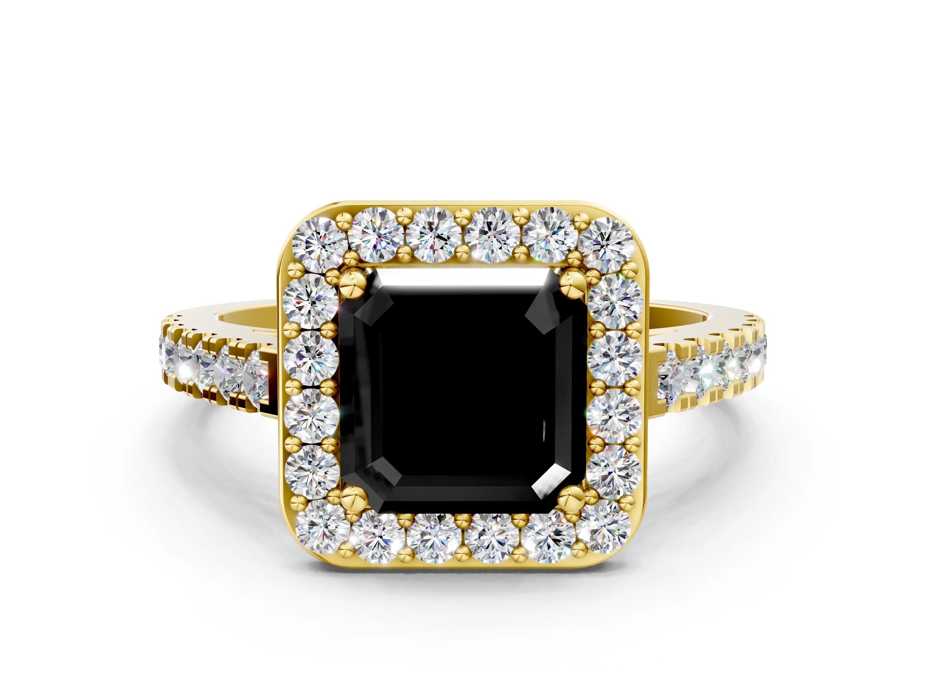Yellow gold Fancy Black Asscher Cut Halo Diamond Ring with Pavé Band and Three-Prong Setting