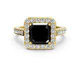 Yellow gold Fancy Black Asscher Cut Halo Diamond Ring with Pavé Band and Three-Prong Setting