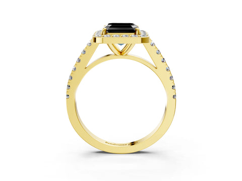 Yellow gold Fancy Black Asscher Cut Halo Diamond Ring with Pavé Band and Three-Prong Setting_3
