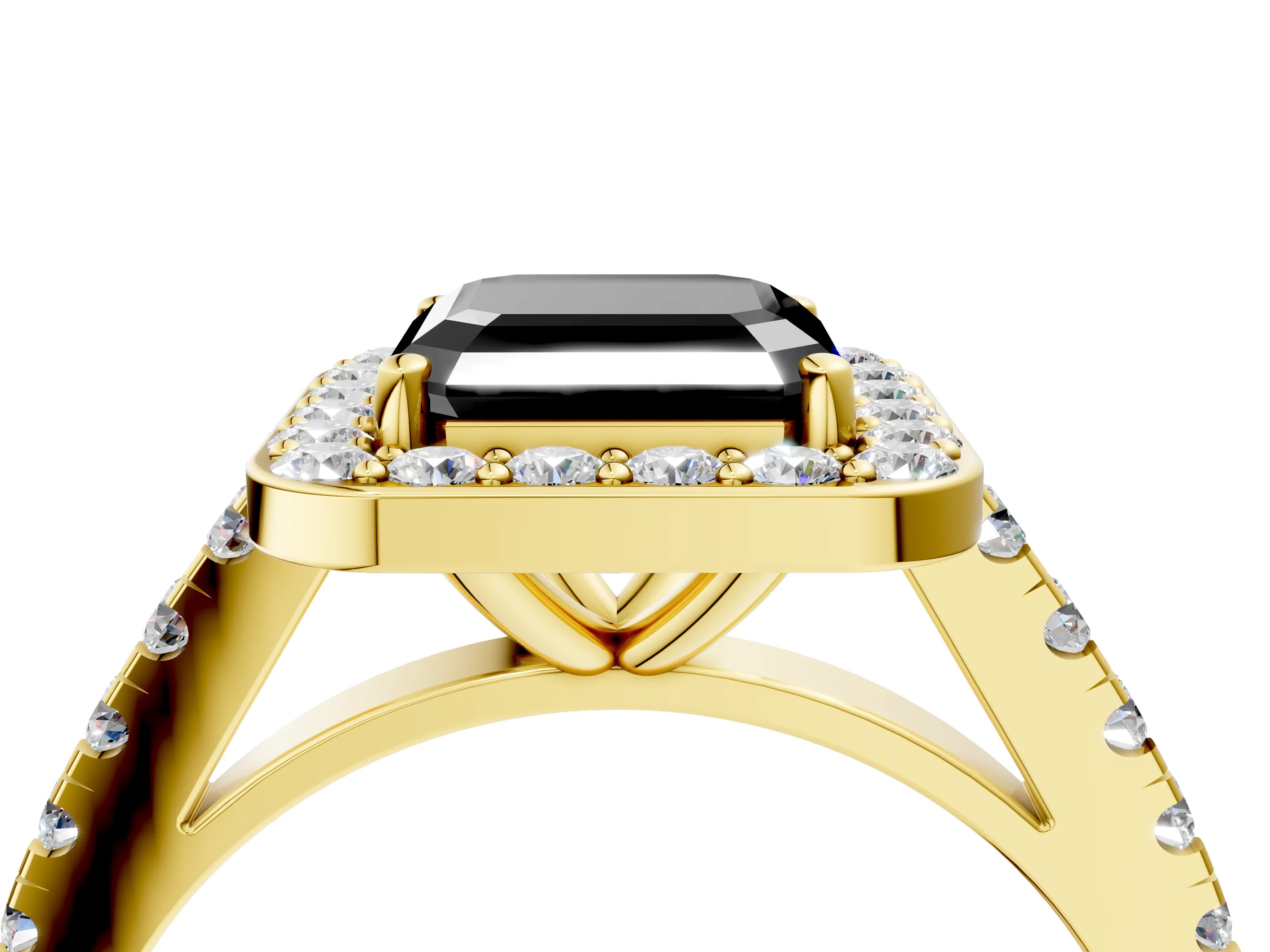 Yellow gold Fancy Black Asscher Cut Halo Diamond Ring with Pavé Band and Three-Prong Setting_4