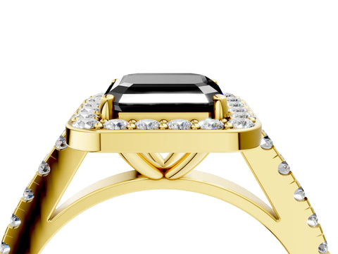 Yellow gold Fancy Black Asscher Cut Halo Diamond Ring with Pavé Band and Three-Prong Setting_4