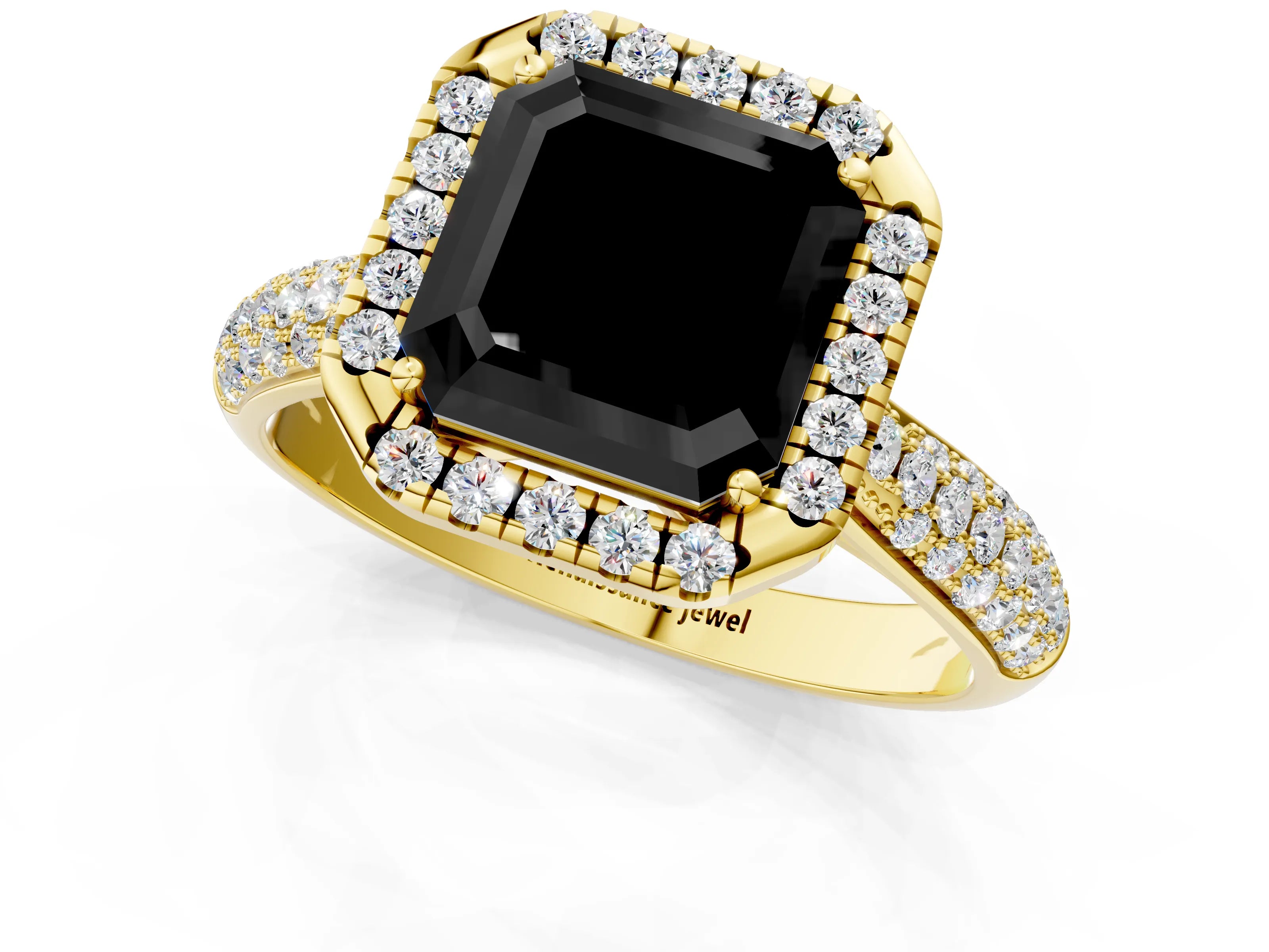 Yellow gold Fancy Black Asscher Cut Halo Diamond Ring with Pavé Band_1