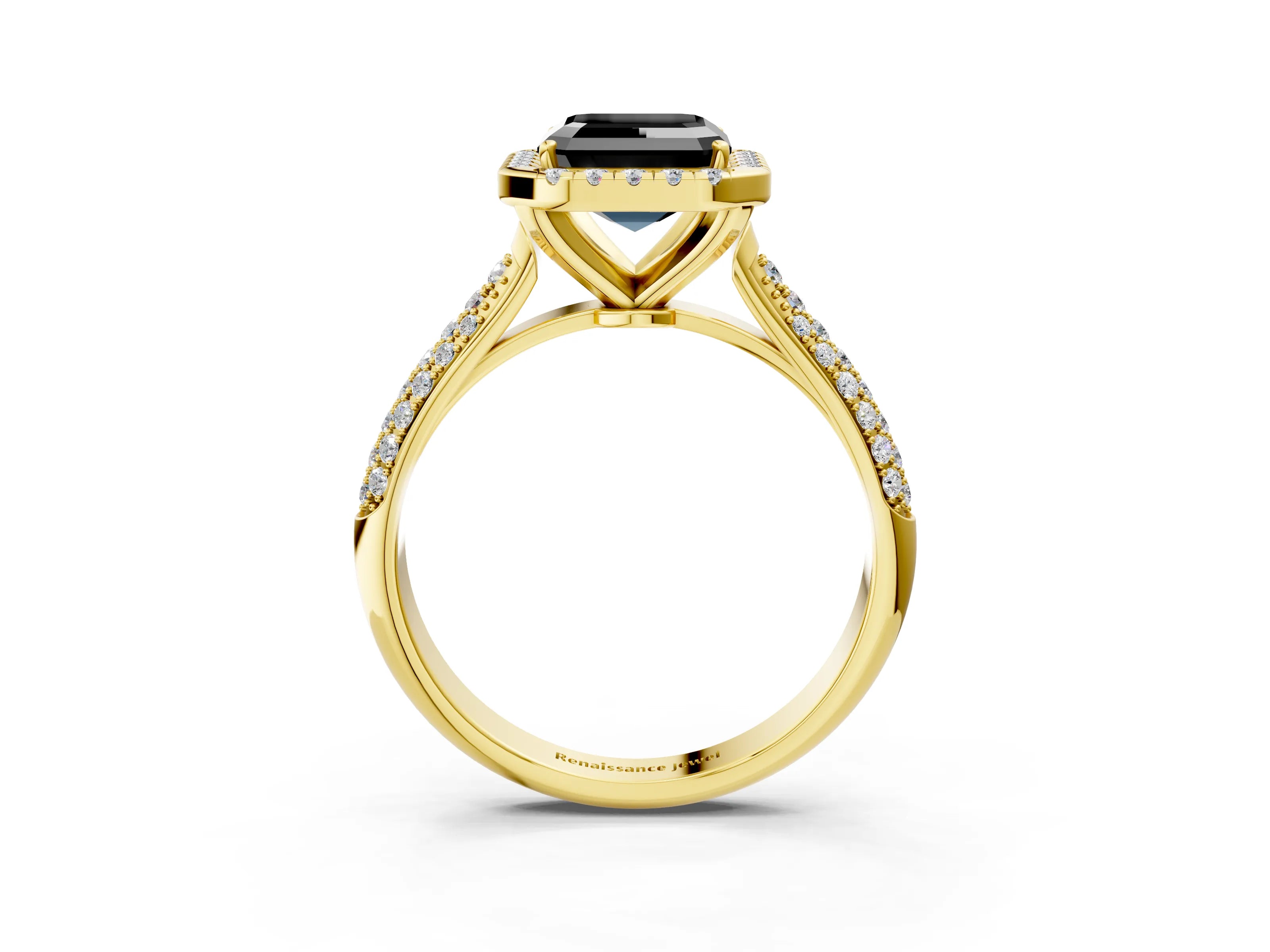 Yellow gold Fancy Black Asscher Cut Halo Diamond Ring with Pavé Band_3
