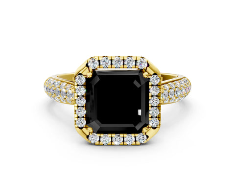 Yellow gold Fancy Black Asscher Cut Halo Diamond Ring with Pavé Band