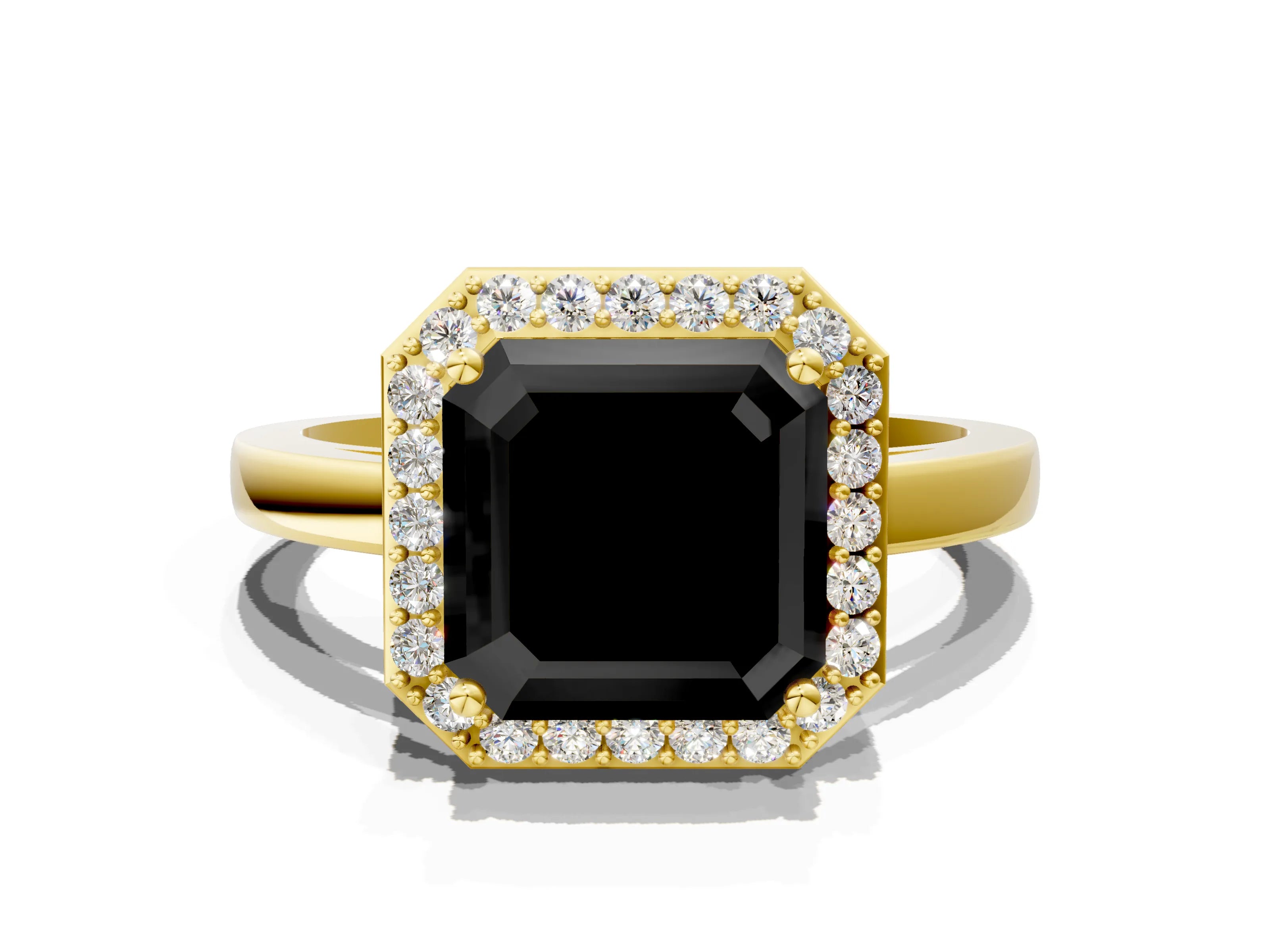 Yellow gold Fancy Black Asscher Cut Halo Diamond Ring with Solitaire Band and Prong Setting