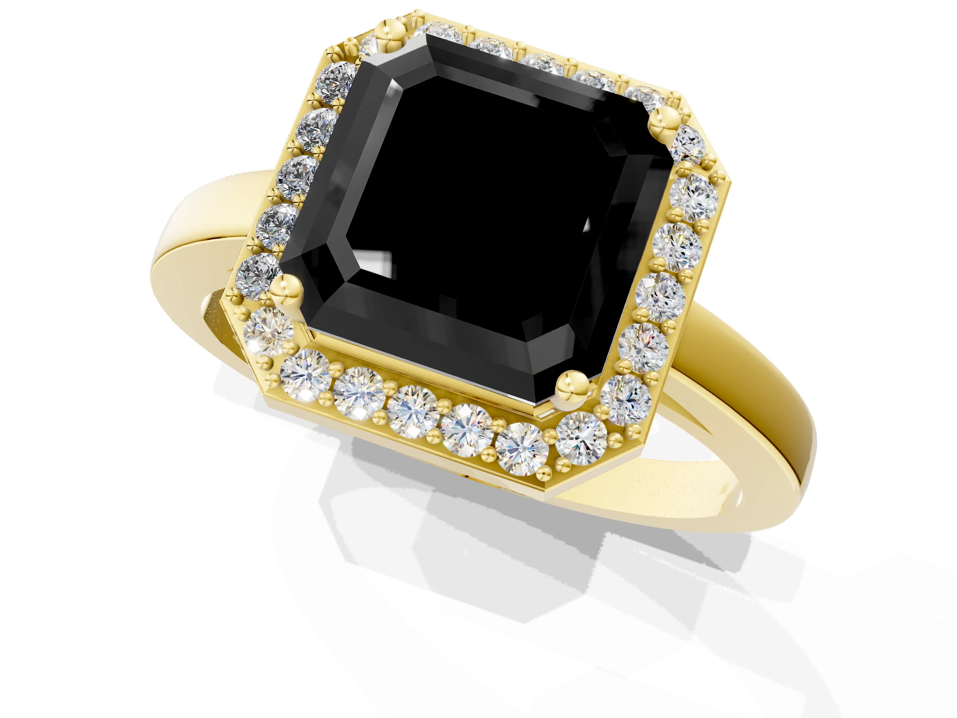 Yellow gold Fancy Black Asscher Cut Halo Diamond Ring with Solitaire Band and Prong Setting_1