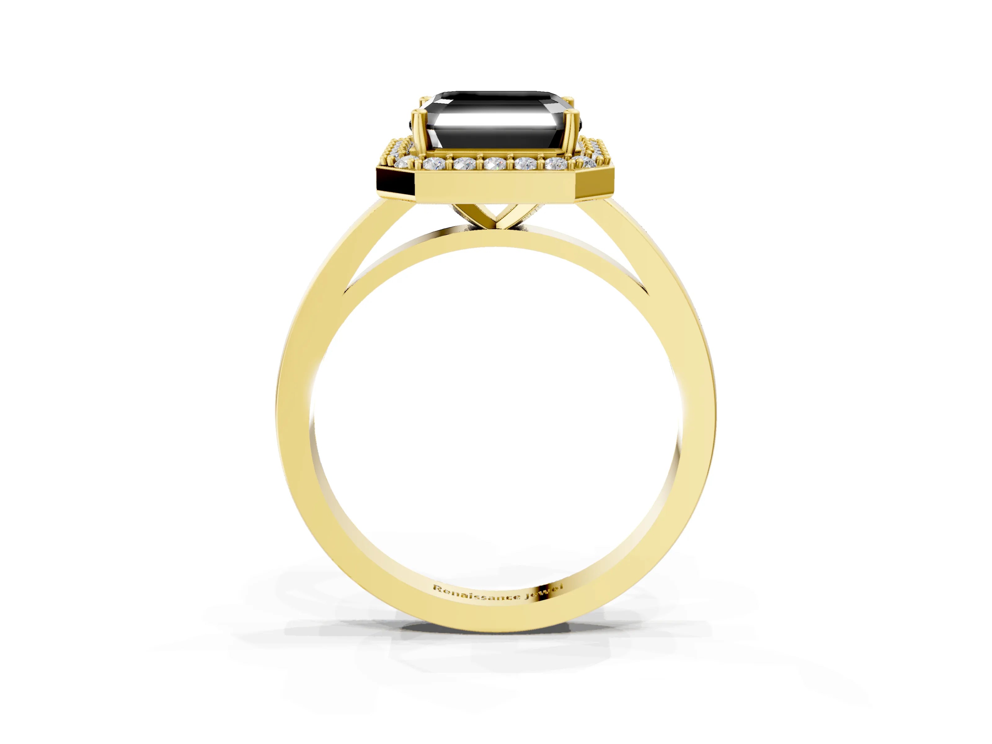 Yellow gold Fancy Black Asscher Cut Halo Diamond Ring with Solitaire Band and Prong Setting_3