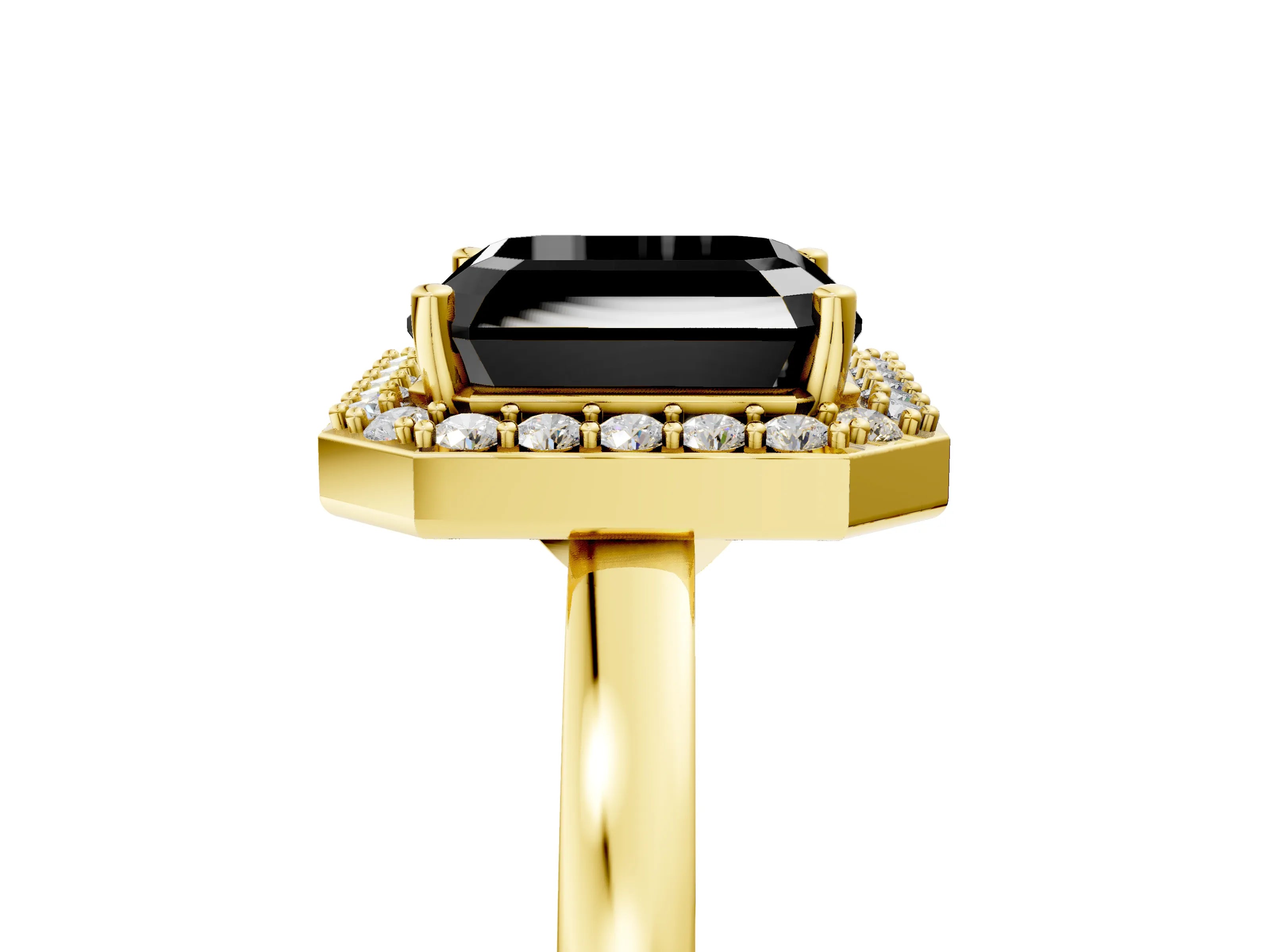 Yellow gold Fancy Black Asscher Cut Halo Diamond Ring with Solitaire Band and Prong Setting_5