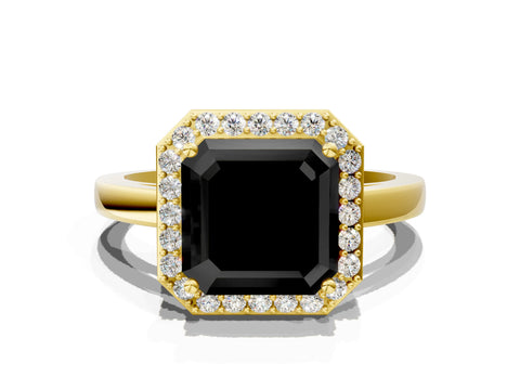 Yellow gold Fancy Black Asscher Cut Halo Diamond Ring with Solitaire Band and Prong Setting
