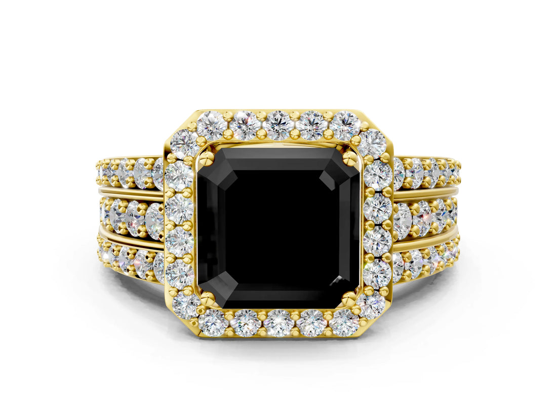 Yellow gold Fancy Black Asscher Cut Halo Diamond Ring with Split Shank and Four-Prong Setting