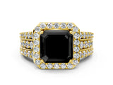 Yellow gold Fancy Black Asscher Cut Halo Diamond Ring with Split Shank and Four-Prong Setting
