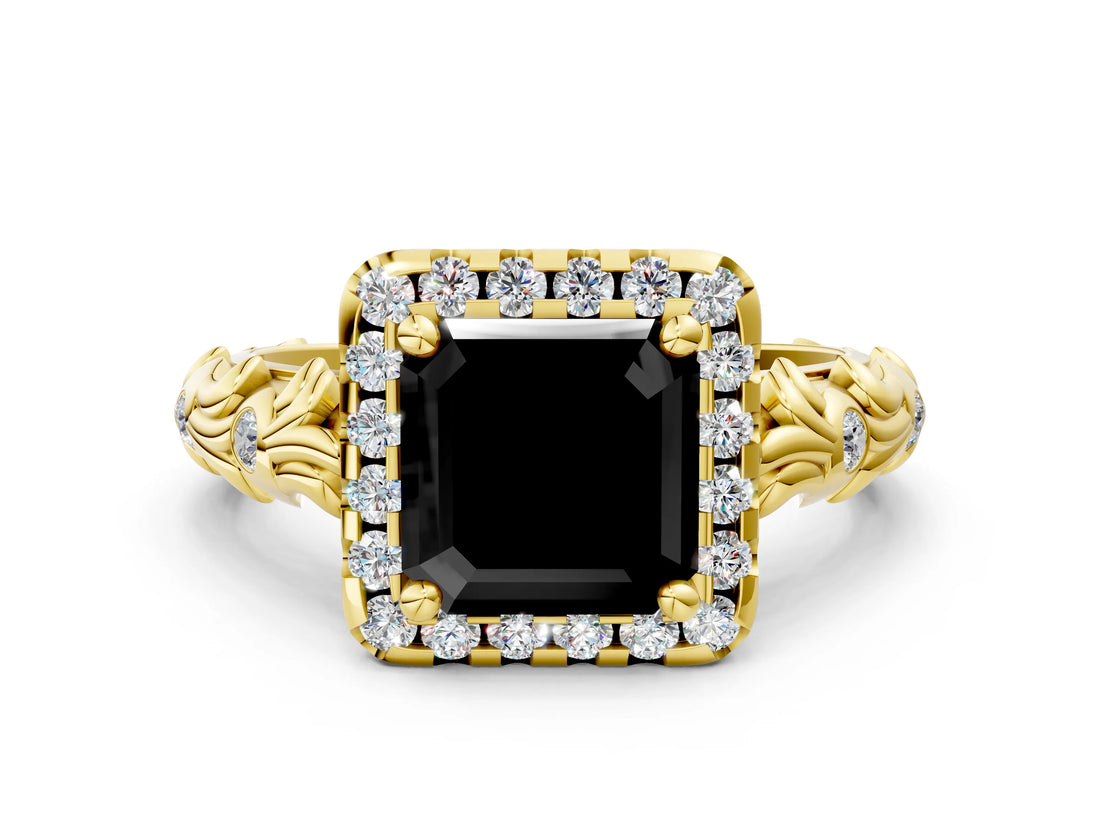 Yellow gold Fancy Black Asscher Cut Halo Diamond Solitaire with Filigree Band and Four-Prong Setting