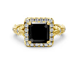 Yellow gold Fancy Black Asscher Cut Halo Diamond Solitaire with Filigree Band and Four-Prong Setting