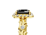 Yellow gold Fancy Black Asscher Cut Halo Diamond Solitaire with Filigree Band and Four-Prong Setting_5