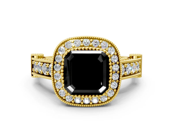 Yellow Gold Asscher Cut Vintage Bezel Halo Engagement Ring Setting for Black Center