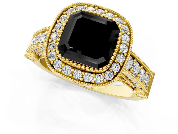 Yellow Gold Asscher Cut Vintage Bezel Halo Engagement Ring Setting for Black Center
