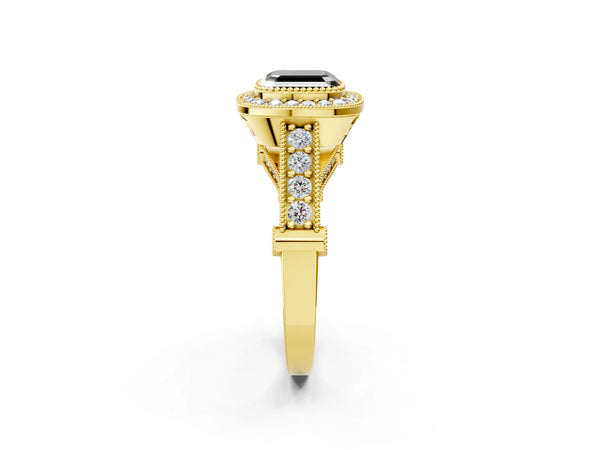 Yellow Gold Asscher Cut Vintage Bezel Halo Engagement Ring Setting for Black Center
