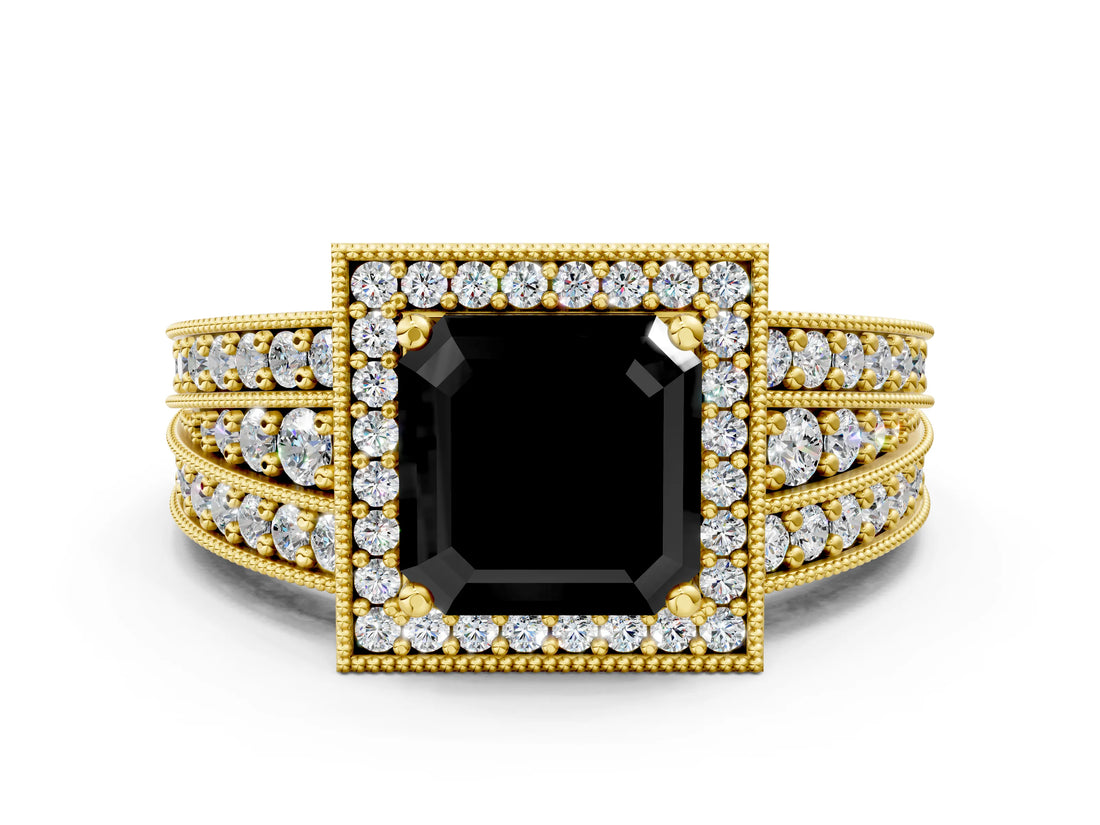 Yellow gold Fancy Black Asscher Cut Halo Diamond Split Shank Ring with Prong Setting