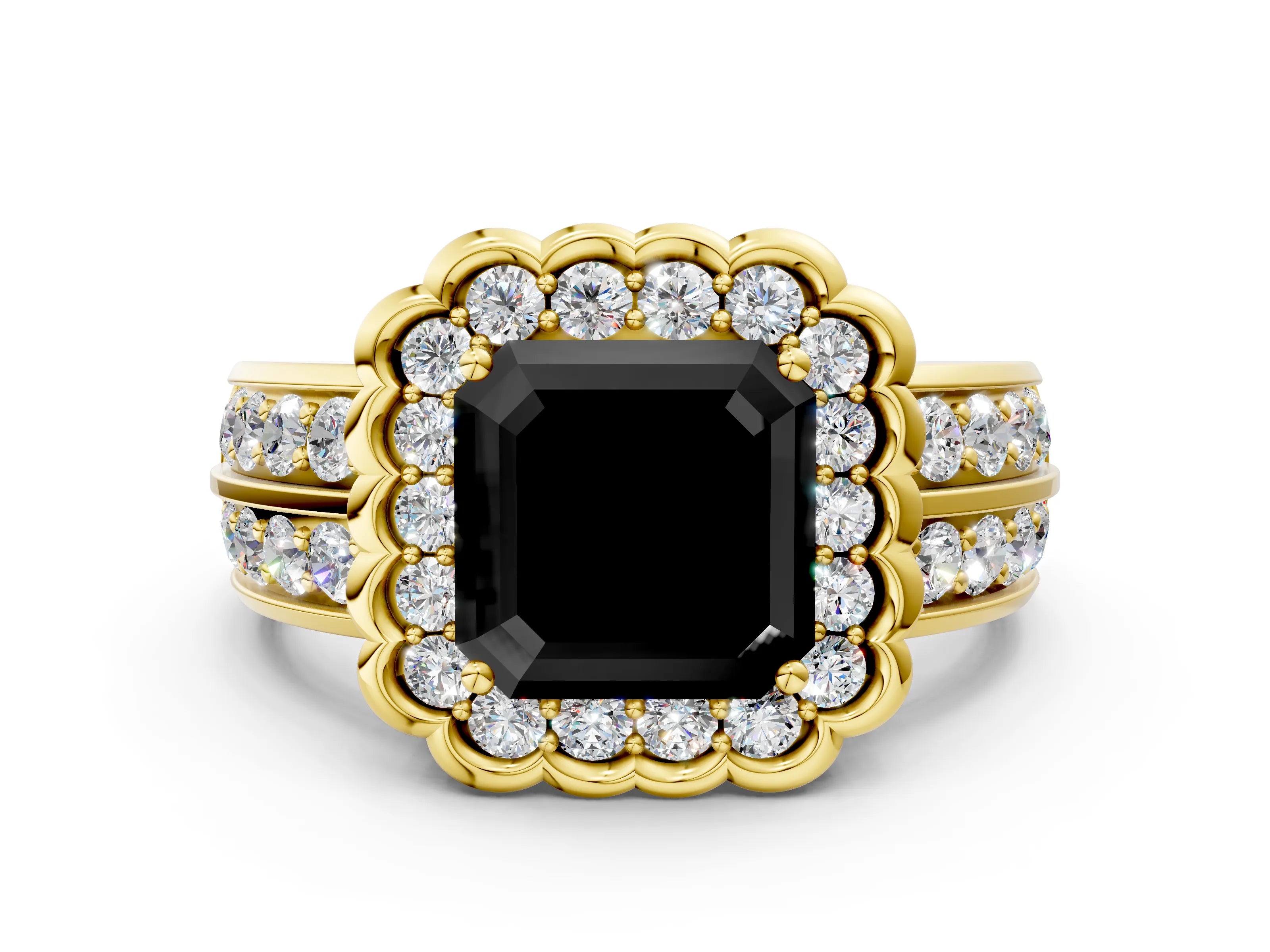 Yellow gold Fancy Black Asscher Cut Halo Diamond Split Shank Ring with Scalloped Prong Setting