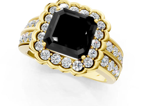 Yellow gold Fancy Black Asscher Cut Halo Diamond Split Shank Ring with Scalloped Prong Setting_1