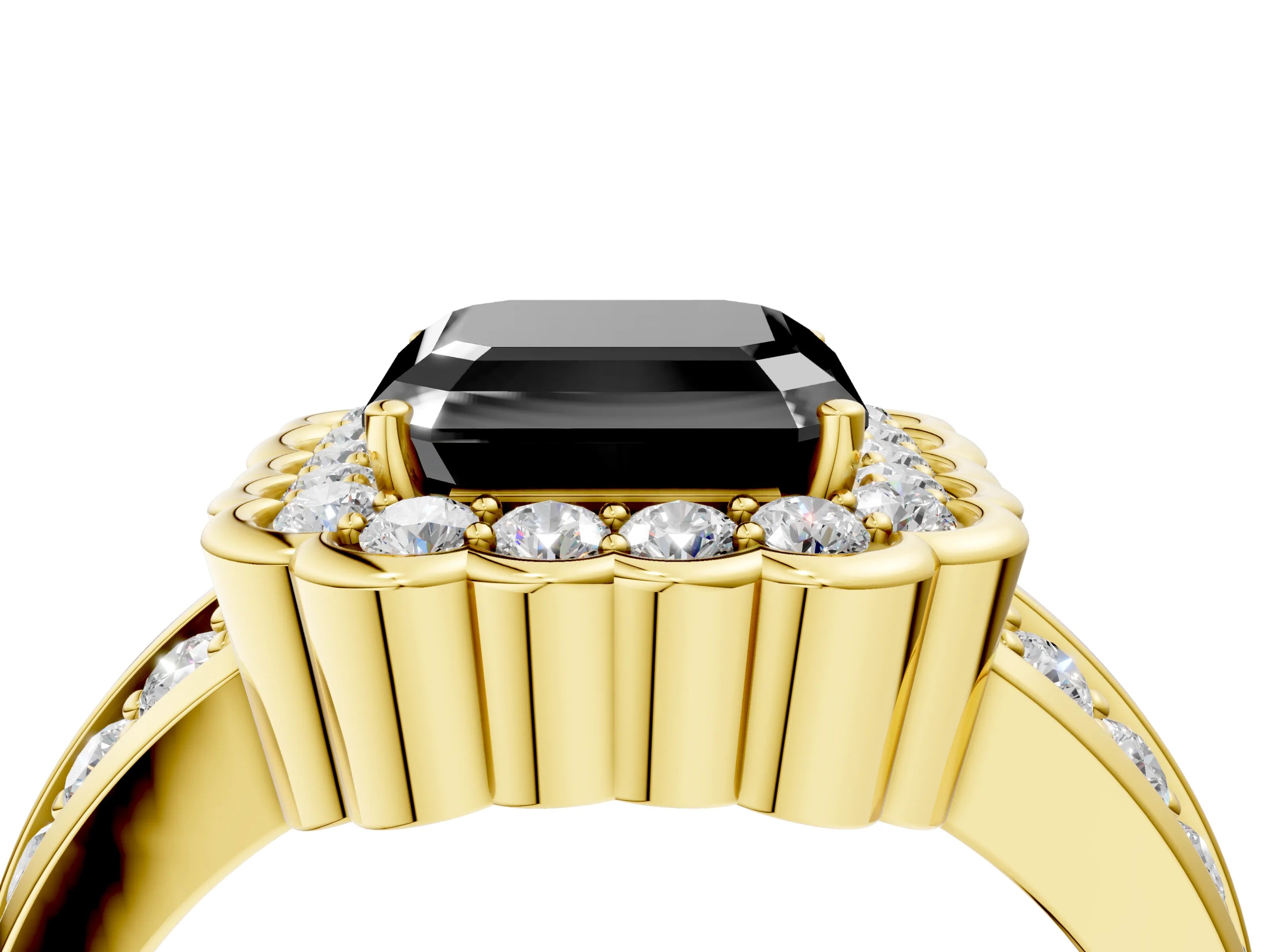 Yellow gold Fancy Black Asscher Cut Halo Diamond Split Shank Ring with Scalloped Prong Setting_4