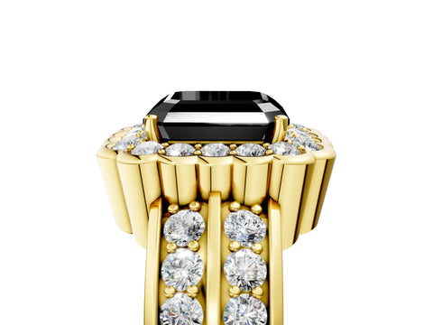 Yellow gold Fancy Black Asscher Cut Halo Diamond Split Shank Ring with Scalloped Prong Setting_5