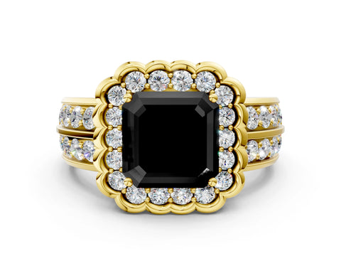 Yellow gold Fancy Black Asscher Cut Halo Diamond Split Shank Ring with Scalloped Prong Setting