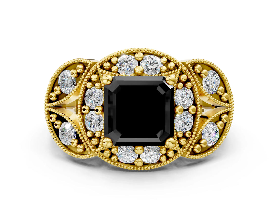 Yellow gold Fancy Black Asscher Cut Halo Milgrain Diamond Engagement Ring with Leaf Band and Four-Prong Setting