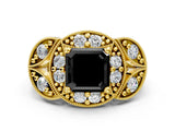 Yellow gold Fancy Black Asscher Cut Halo Milgrain Diamond Engagement Ring with Leaf Band and Four-Prong Setting